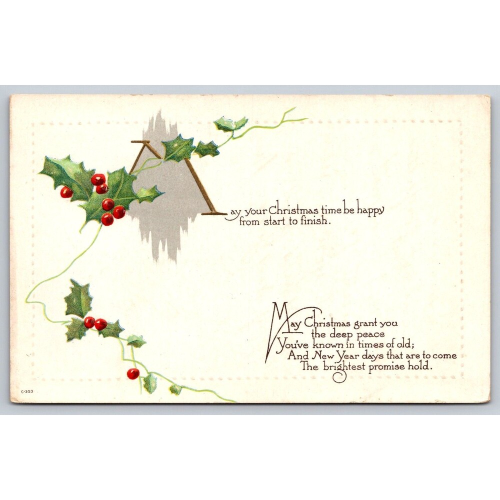 Vintage Embossed Christmas Postcard Holly Berries 1910s Unposted Made in USA